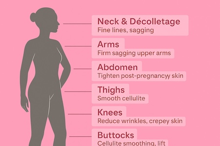 Diagram of Body Areas Treated with RF Microneedling Illustration showing arms, abdomen, thighs, buttocks, knees, and neck treated with RF Microneedling in Toronto